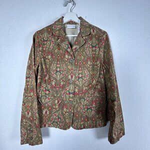 Liz Claiborne Womens 100% Cotton Paisley Blazer Jacket Large Olive Red Pockets